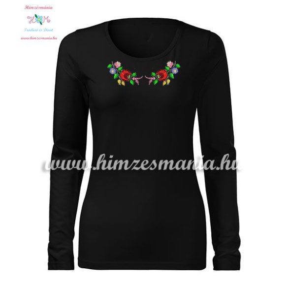 Kalocsai mintás hímzett hosszú ujjú női póló - Hímzésmánia - fekete