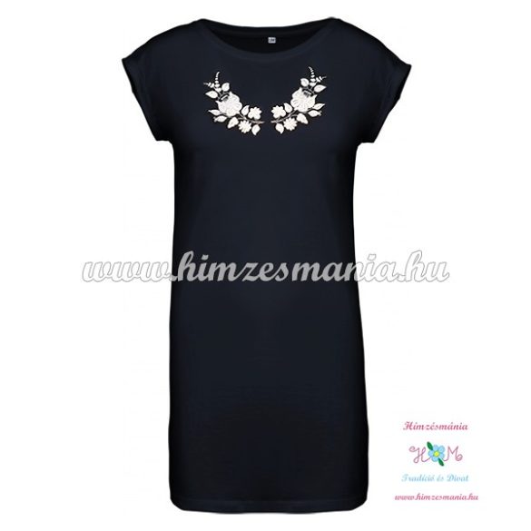 Ladies' long T-shirt - hungarian embroidery - Kalocsa motif - navy