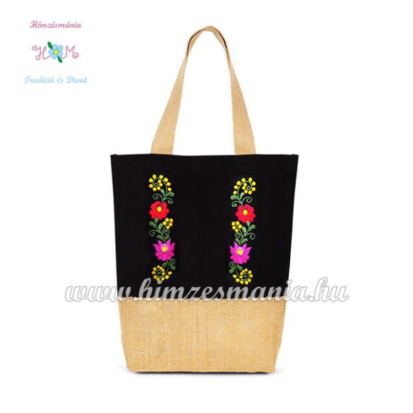 MATYÓ MINTÁS VÁSZONTÁSKA - KÉZI HÍMZÉS - FEKETE