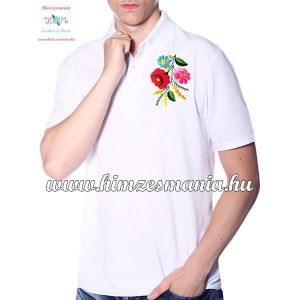 Men's Pique Polo Shirts - hungarian embroidery - Kalocsa motif - white
