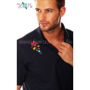 Men's polo shirt - folk machine embroidery - Matyo motif - navy - Embroidery Mania