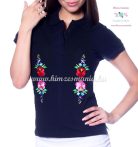   Women polo shirt - hungarian folk  machine embriodery - Kalocsai design - navy