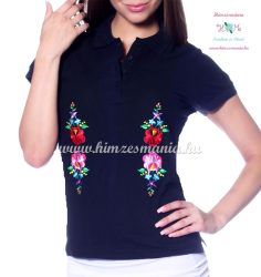 Women polo shirt - hungarian folk  machine embriodery - Kalocsai design - navy