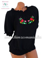 Ruffled blouse - hungarian folk embroidered - Kalocsai style - black