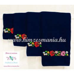   Towel - folk machine embroidered - hungarian Kalocsa motif - dark blue