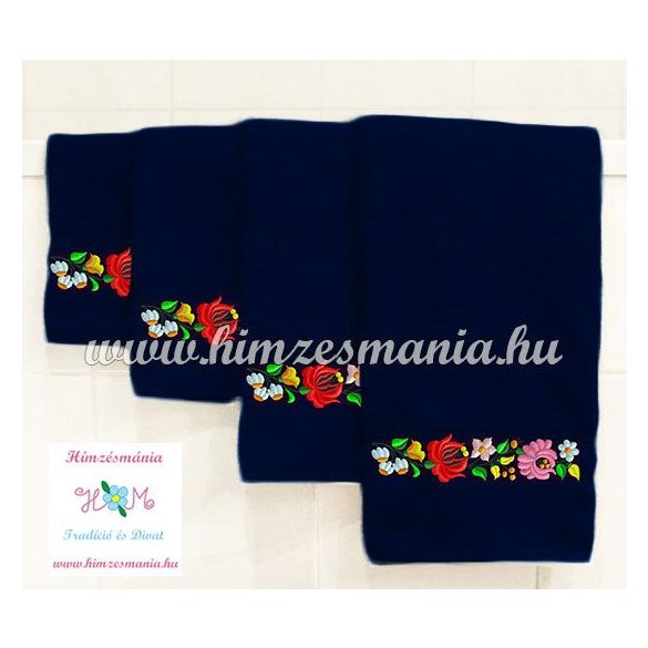 Towel - folk machine embroidered - hungarian Kalocsa motif - dark blue