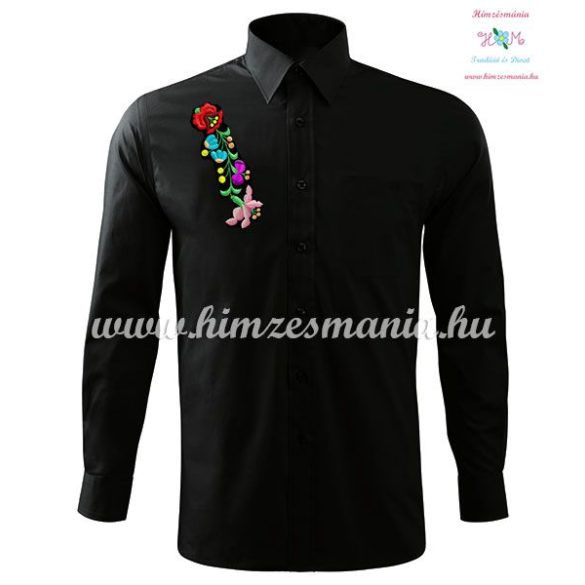 Man long sleeve shirt - hungarian machine embroidery - Kalocsa style - black