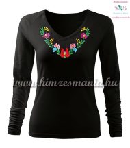   Woman T-shirt - long sleeve - V-neck - hungarian folk hand embroidery - Heart Matyo motif - black