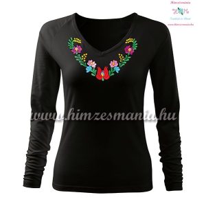 Woman T-shirt - long sleeve - V-neck - hungarian folk hand embroidery - Heart Matyo motif - black