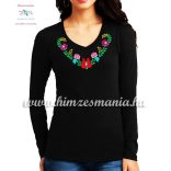 Hosszú ujjú, V-nyakú női póló, kézi hímzésű szív alakú matyó mintával - Hímzésmánia - fekete