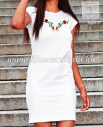 Ladies' long T-shirt - hungarian folk embroidery - Kalocsa pettern- white