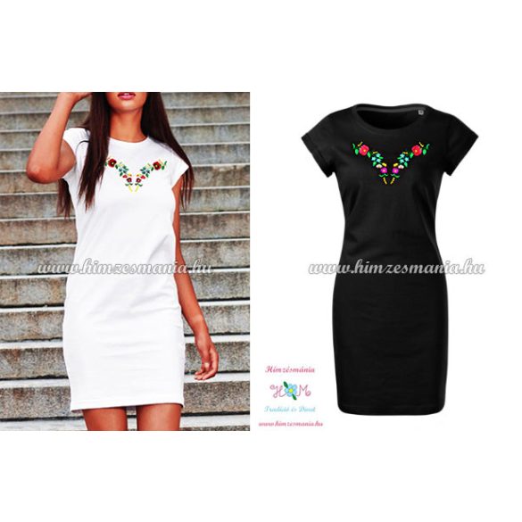 Ladies' long T-shirt - hungarian folk embroidery - Kalocsa pettern- white