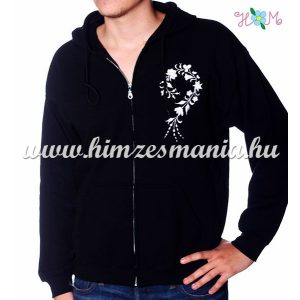 Man sweatshirt - hungarian folk embroidery - white kalocsa motif - black