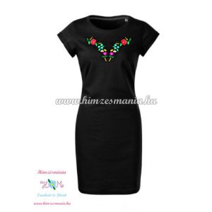 Ladies' long T-shirt - hungarian folk embroidery - Kalocsa pettern - black