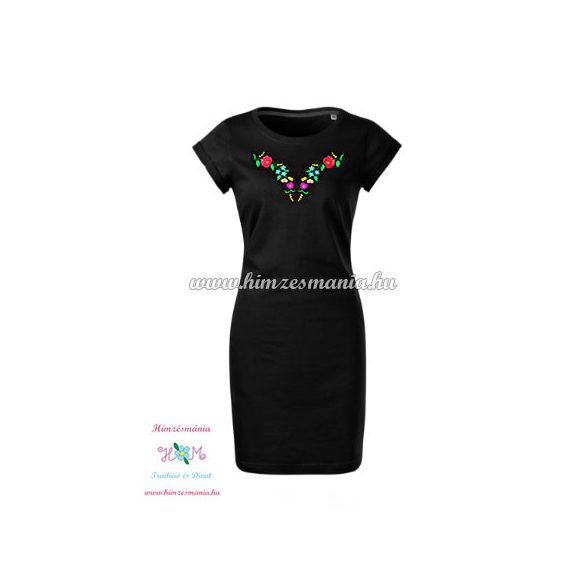 Ladies' long T-shirt - hungarian folk embroidery - Kalocsa pettern - black
