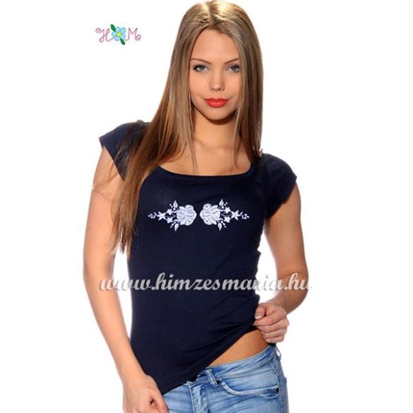 T-shirt - hungarian folk machine embroidered - Kalocsa style - navy