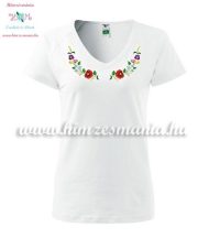   Women's t-shirt - V-neck - short sleeve - hungarian folk - machine embroidery - white