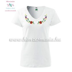   Women's t-shirt - V-neck - short sleeve - hungarian folk - machine embroidery - white