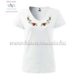   Rövid ujjú V nyakú női póló - kalocsai minta - gépi hímzés - fehér