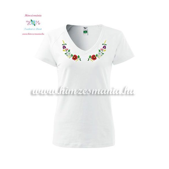 Women's t-shirt - V-neck - short sleeve - hungarian folk - machine embroidery - white