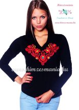   Ladies long sleeve V-neck T-shirt - hungarian folk hand embroidered - Matyo style - black