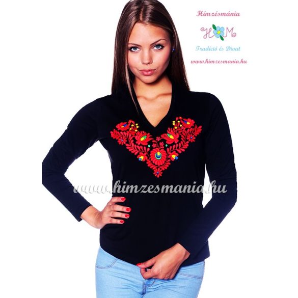 Ladies long sleeve V-neck T-shirt - hungarian folk hand embroidered - Matyo style - black