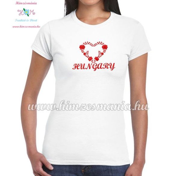 Short Sleeve T-Shirt Women - HUNGARY inscription - machine embroidered - Matyo heart - white