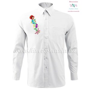 Man long sleeve shirt - hungarian machine embroidery - Kalocsa style - white