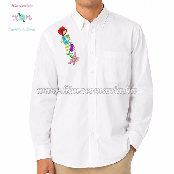 Man long sleeve shirt - hungarian machine embroidery - Kalocsa style - white