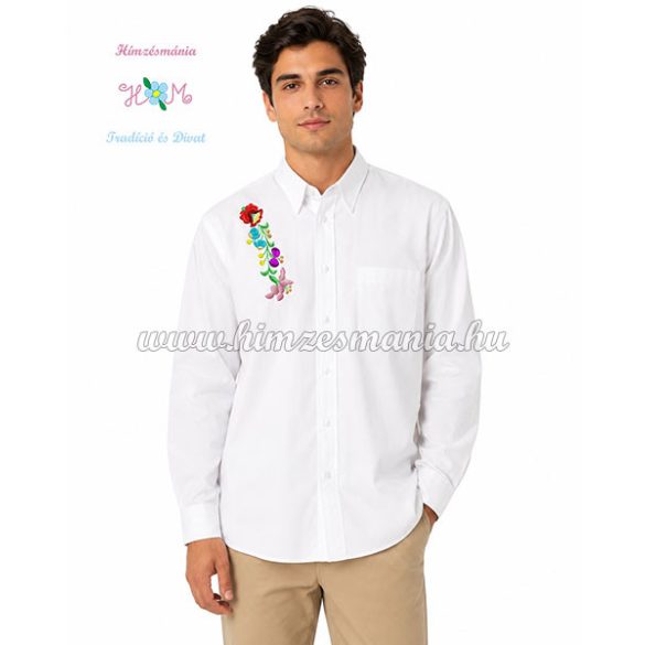 Man long sleeve shirt - hungarian machine embroidery - Kalocsa style - white