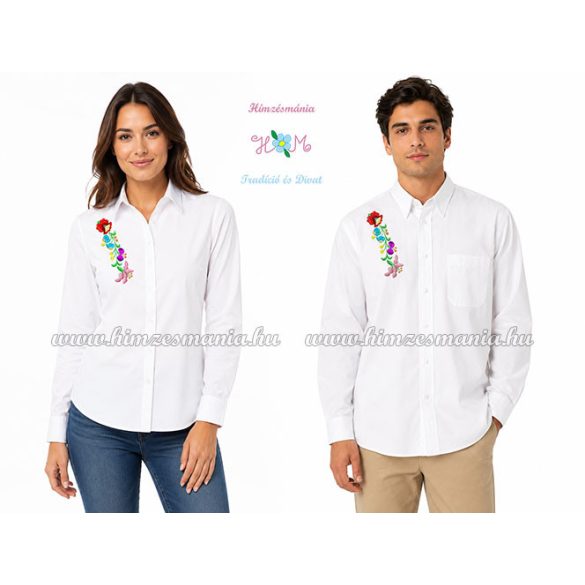 Man long sleeve shirt - hungarian machine embroidery - Kalocsa style - white