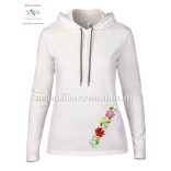 Women's long sleeve hooded tee - machine embroidery - hungarian folk style - white