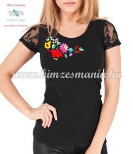   Short-sleeved lace women top - traditional folk hand embroidery - hungarian motif - Black