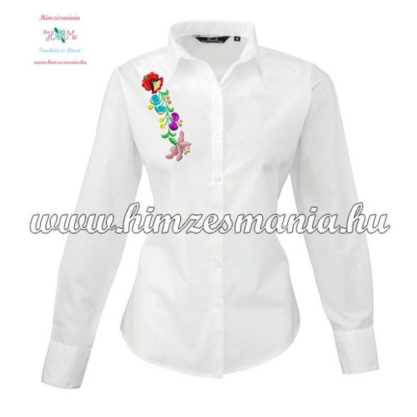 Woman long sleeve shirt - hungarian machine embroidery - Kalocsa style - white