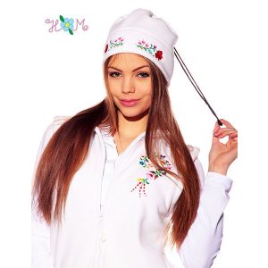 Polar cap - hungarian folk machine-embroidery - Kalocsa style - white
