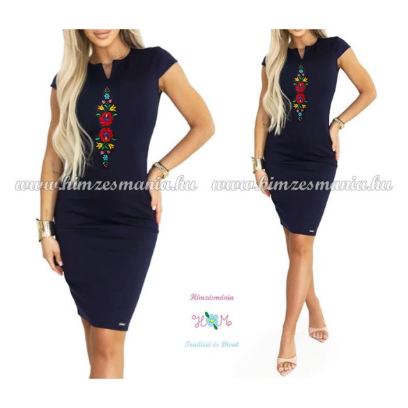 ELEGÁNS NŐI RUHA SZÍNES MATYÓ MINTÁVAL - GÉPI HÍMZÉS - SÖTÉTKÉK