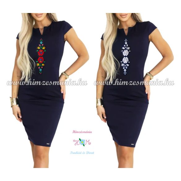 ELEGÁNS NŐI RUHA SZÍNES MATYÓ MINTÁVAL - GÉPI HÍMZÉS - SÖTÉTKÉK