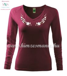 Women's long sleeve V-neck T-shirt - folk embroidery - hungarian style - fuchsia