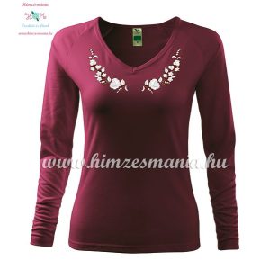 Women's long sleeve V-neck T-shirt - folk embroidery - hungarian style - fuchsia