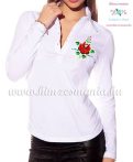   Women polo shirt - long sleeve - machine embroidery - folk rose - white
