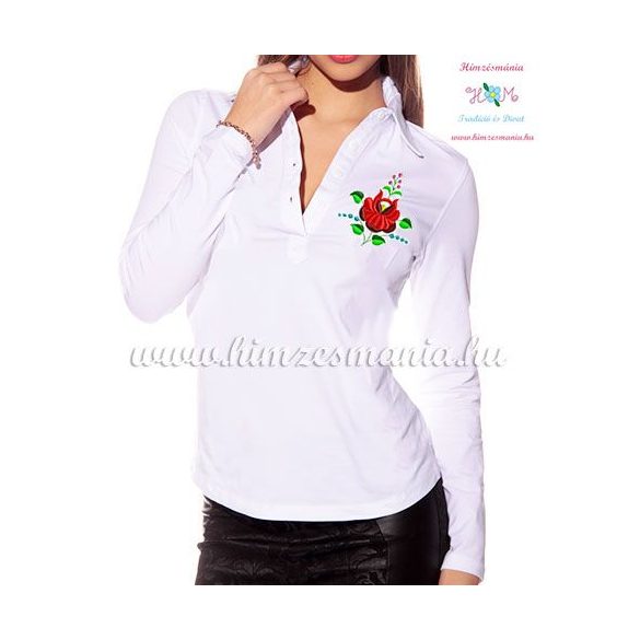 Women polo shirt - long sleeve - machine embroidery - folk rose - white