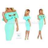 Kalocsai mintás fodros vállú ruha - gépi hímzés - menta zöld