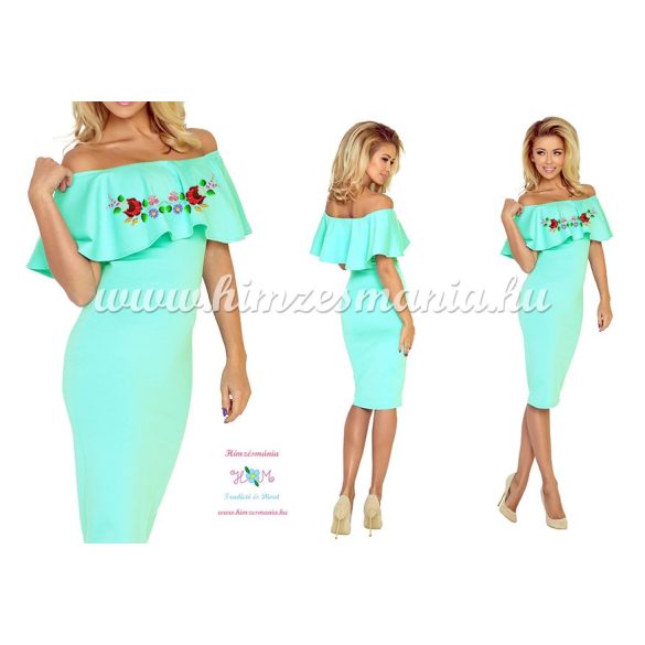 Kalocsai mintás fodros vállú ruha - gépi hímzés - menta zöld