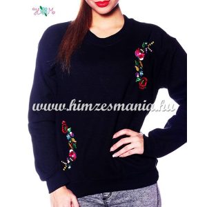 Women sweatshirt - hungarian folk machine embroidery - kalocsai motif - black