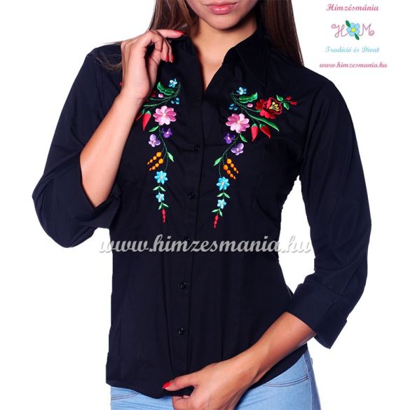 Womens 3/4 sleeve shirt - hungarian folk machine embroidery - Kalocsa design - black
