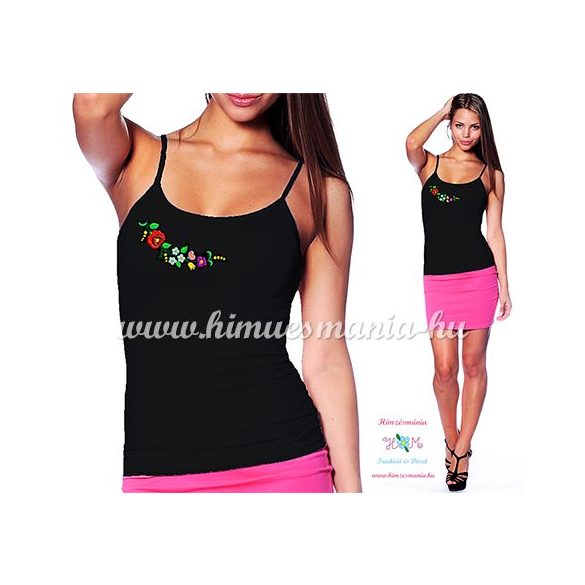Spaghetti strap top - hungarian folk - machine embroidery - Kalocsa pattern - black