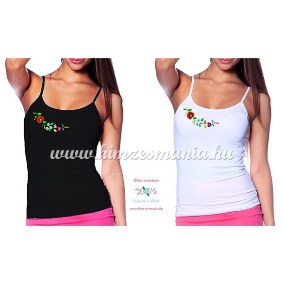 Spaghetti strap top - hungarian folk - machine embroidery - Kalocsa pattern - black