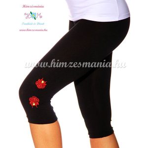 Capri leggings - hungarian folk machine embroidered - Kalocsa rose - black