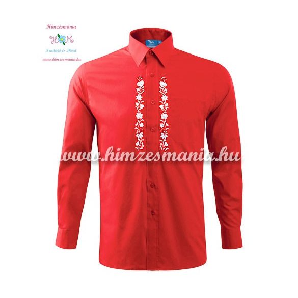 Piros férfi ing fehér kalocsai mintával - gépi hímzés 