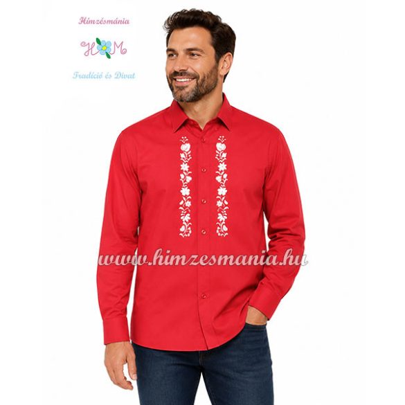 Gents Shirt Long Sleeve - hungarian folk fashion - Kalocsa style - machine embroidery - Red